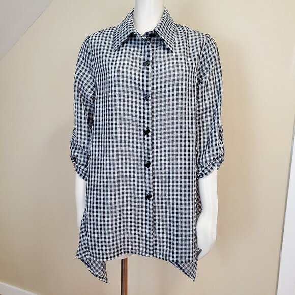 Yushi Seersucker Puckered Button Front + Back Button Tunic Black/White Size M - Picture 2 of 14